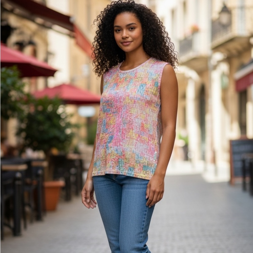 Monnari Abstract Watercolor Sequin Tank Top | Size L | Pastel Knit